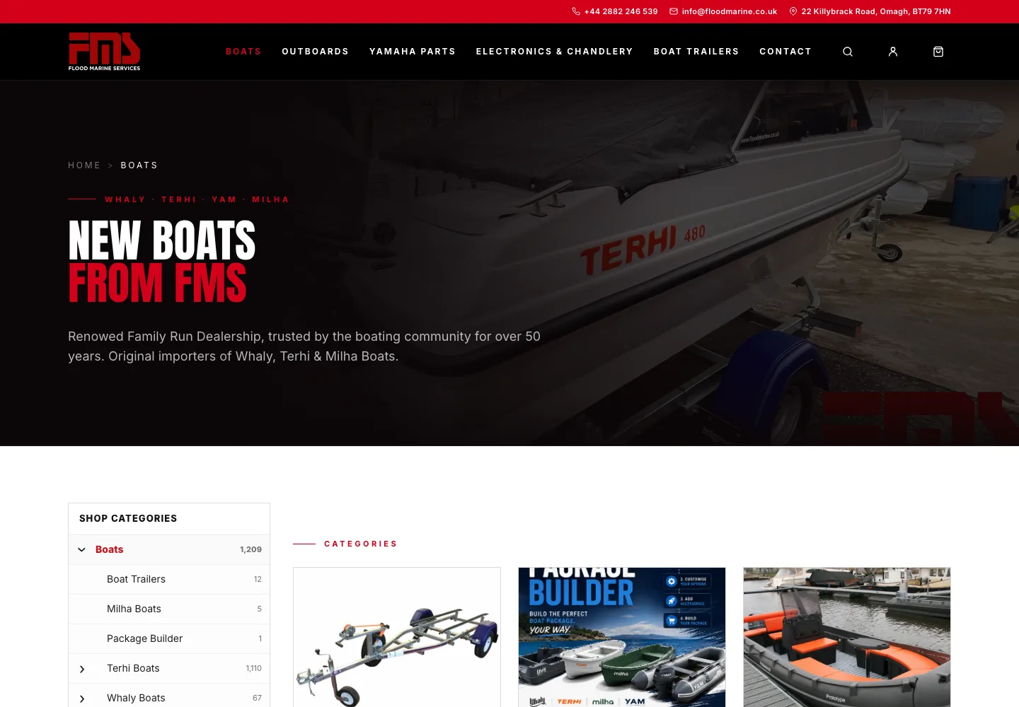 Flood Marine boats catalogue with category navigation and product cards
