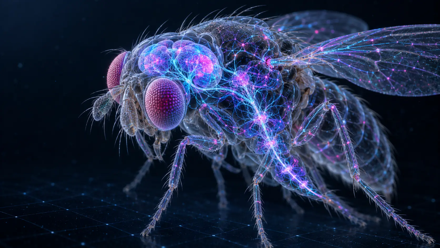 Translucent fruit fly showing its luminous brain and central nervous system connectome