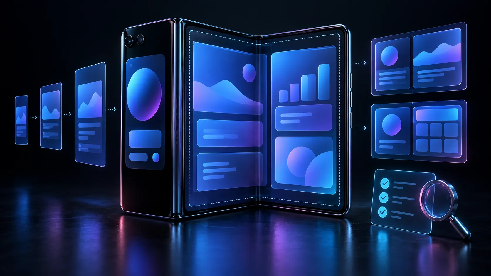 Unbranded foldable phone showing adaptive app layouts and compatibility testing